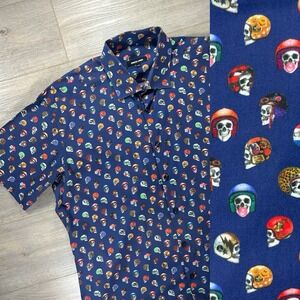 Jared Lang Men's XXL Navy Skull Helmet Print Short Sleeve Button Up Shirt